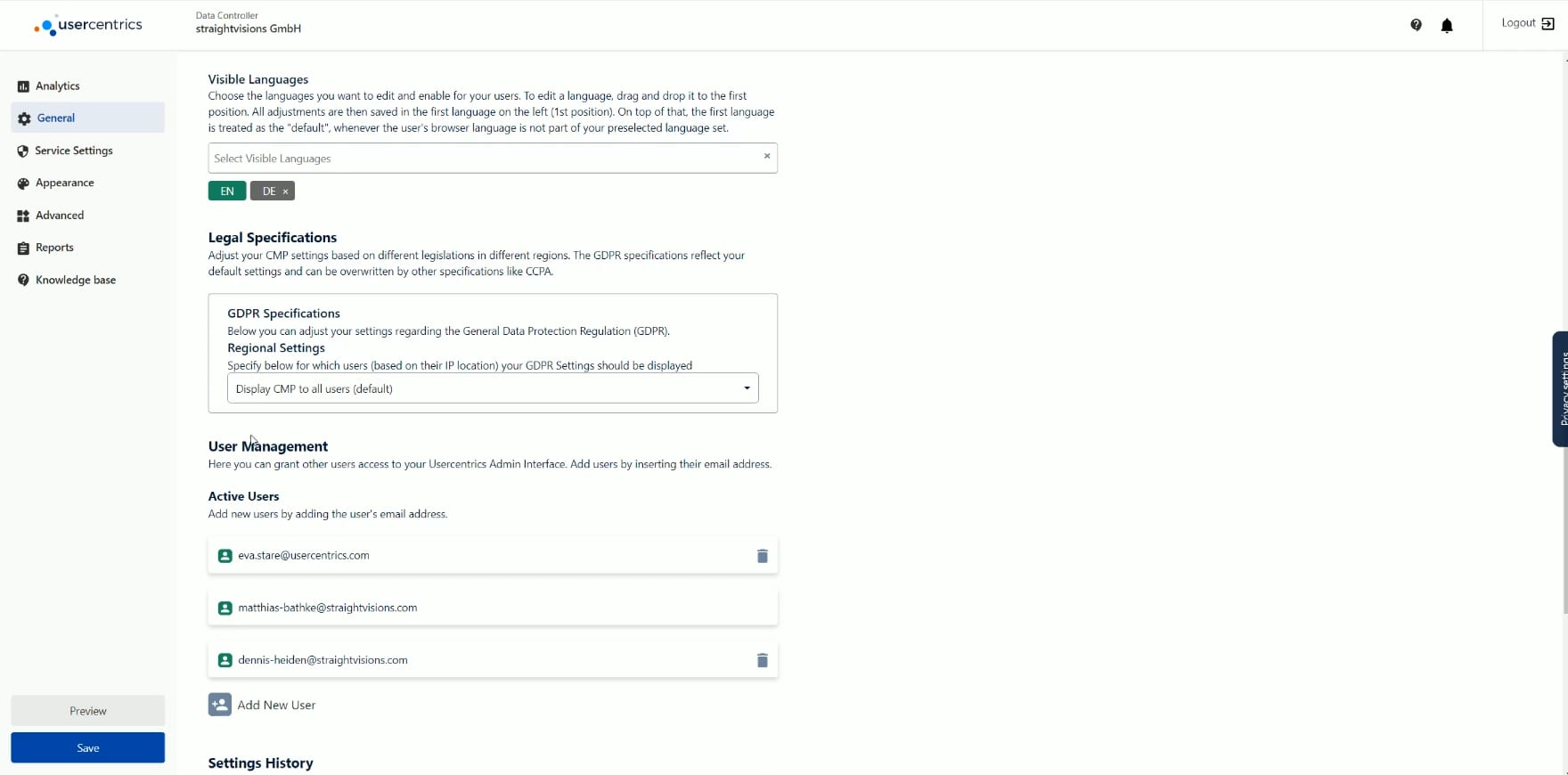 Usercentrics Admin Interface