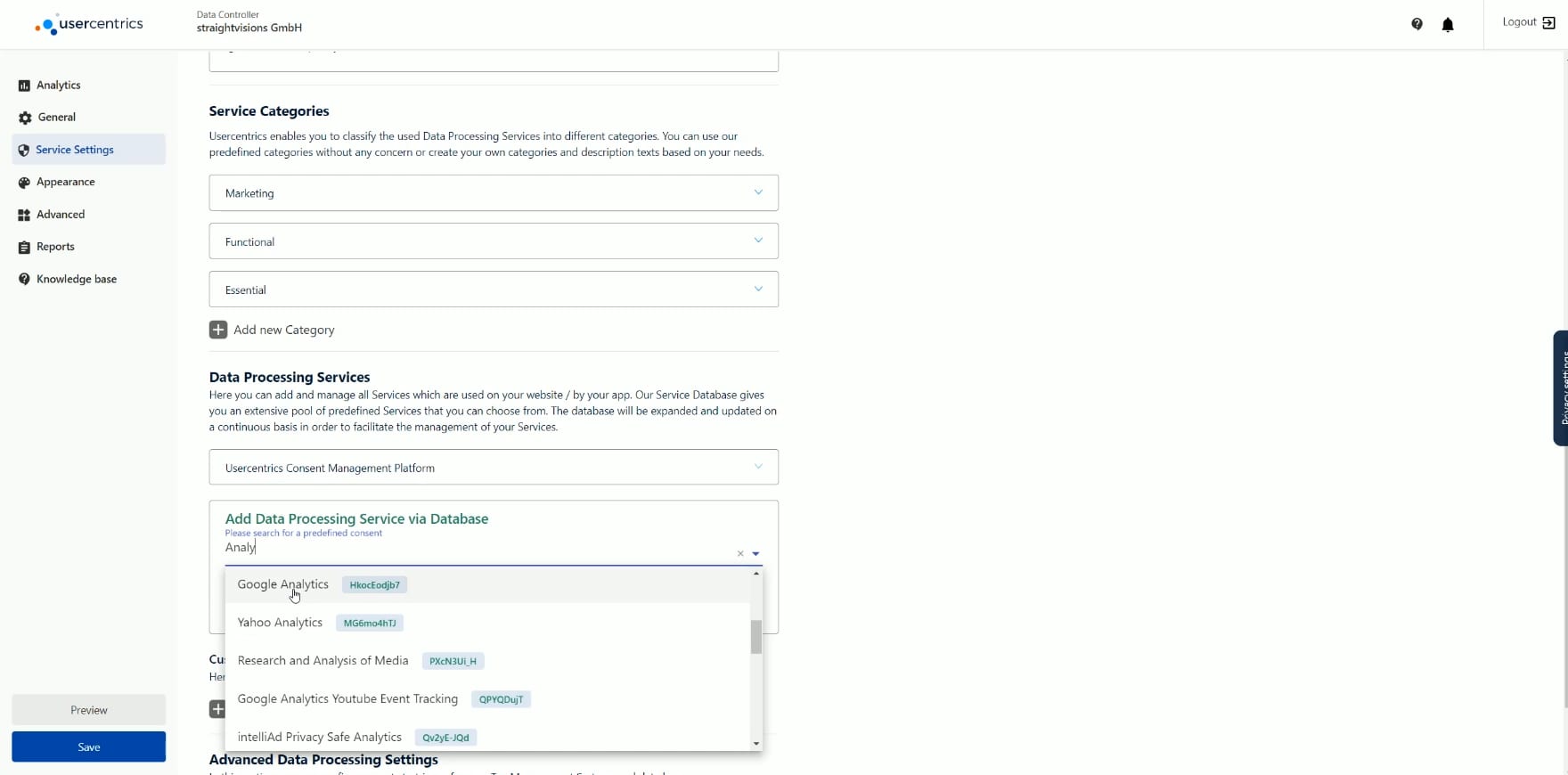 Usercentrics Admin Interface Service Settings