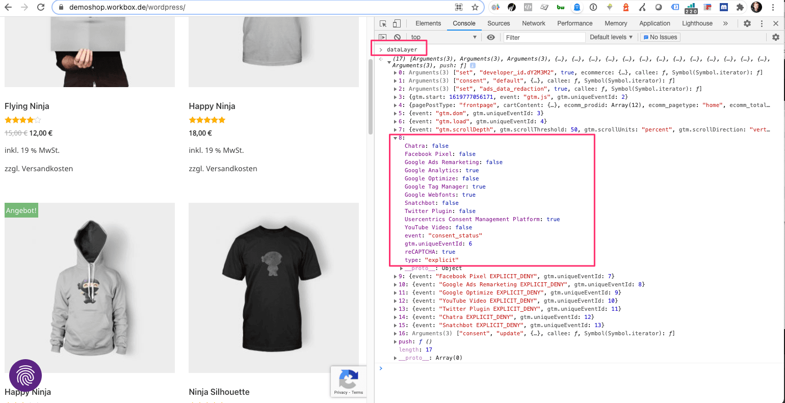 Ansicht der Entwickler-Konsole und des Codes innerhalb eines Daten-Layers für einen Online-Bekleidungsshop - Usercentrics