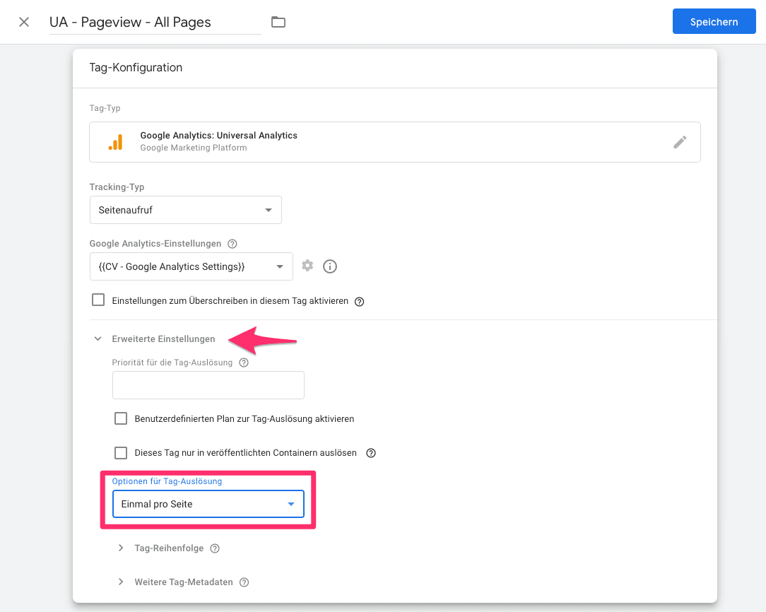 Ansicht einer Tag-Konfiguration im Ordner „Universal Analytics Pageview All Pages“ - Usercentrics