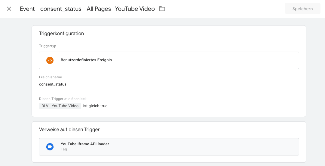 Ansicht einer Trigger-Konfiguration im Ordner „Event-consent_status-All pages YouTube Video“ - Usercentrics