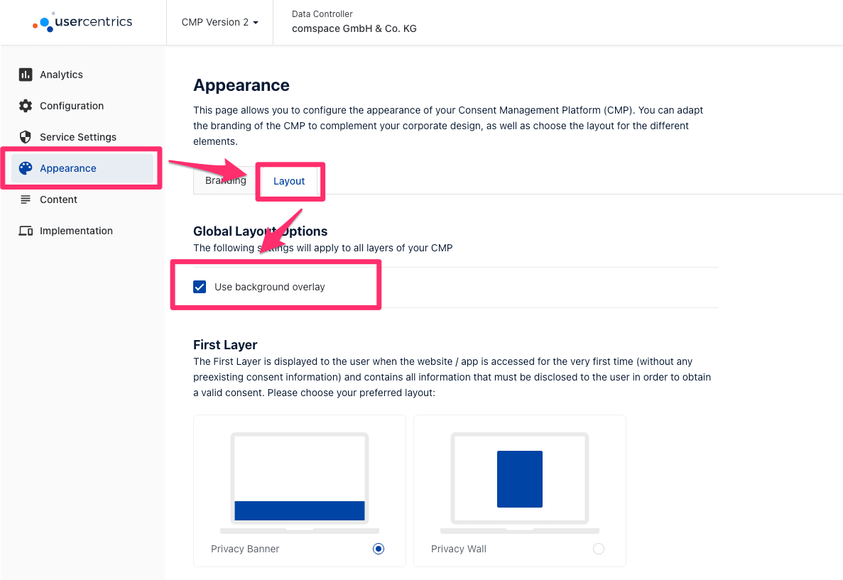 Ansicht der Usercentrics Erscheinungsbild-Einstellungen, die unter „Layout“ die Option „Background-Overlay verwenden“ anzeigt - Usercentrics