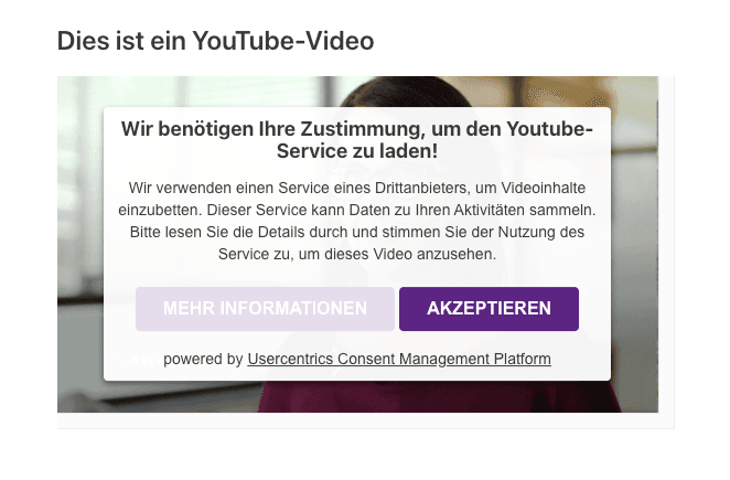 Datenschutz-Pop-up-Fenster für ein YouTube-Video - Usercentrics