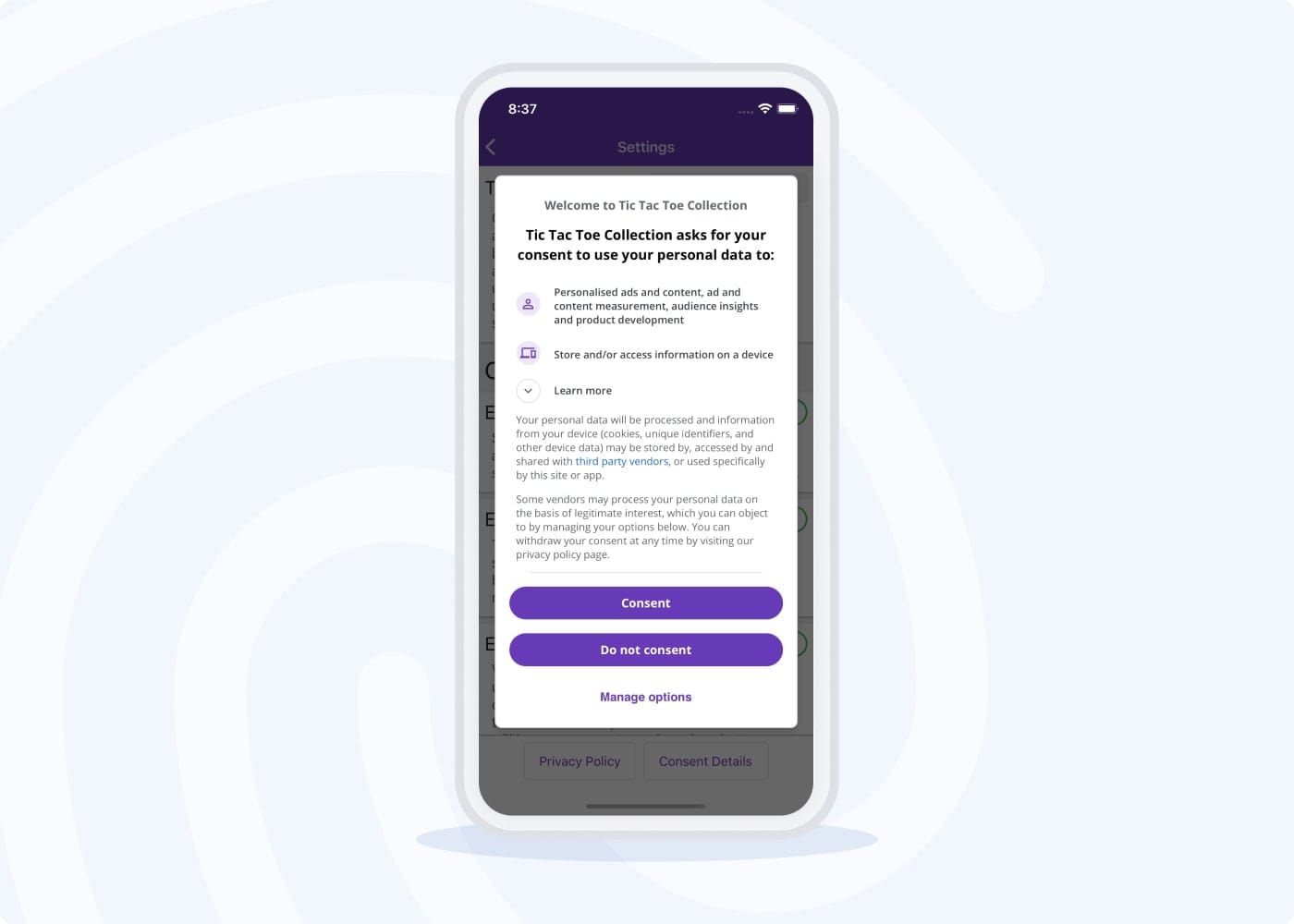Smartphone mit einem Popup-Fenster von Tic Tac Toe Collection zur Einwilligungseinholung von personenbezogenen Daten - Usercentrics