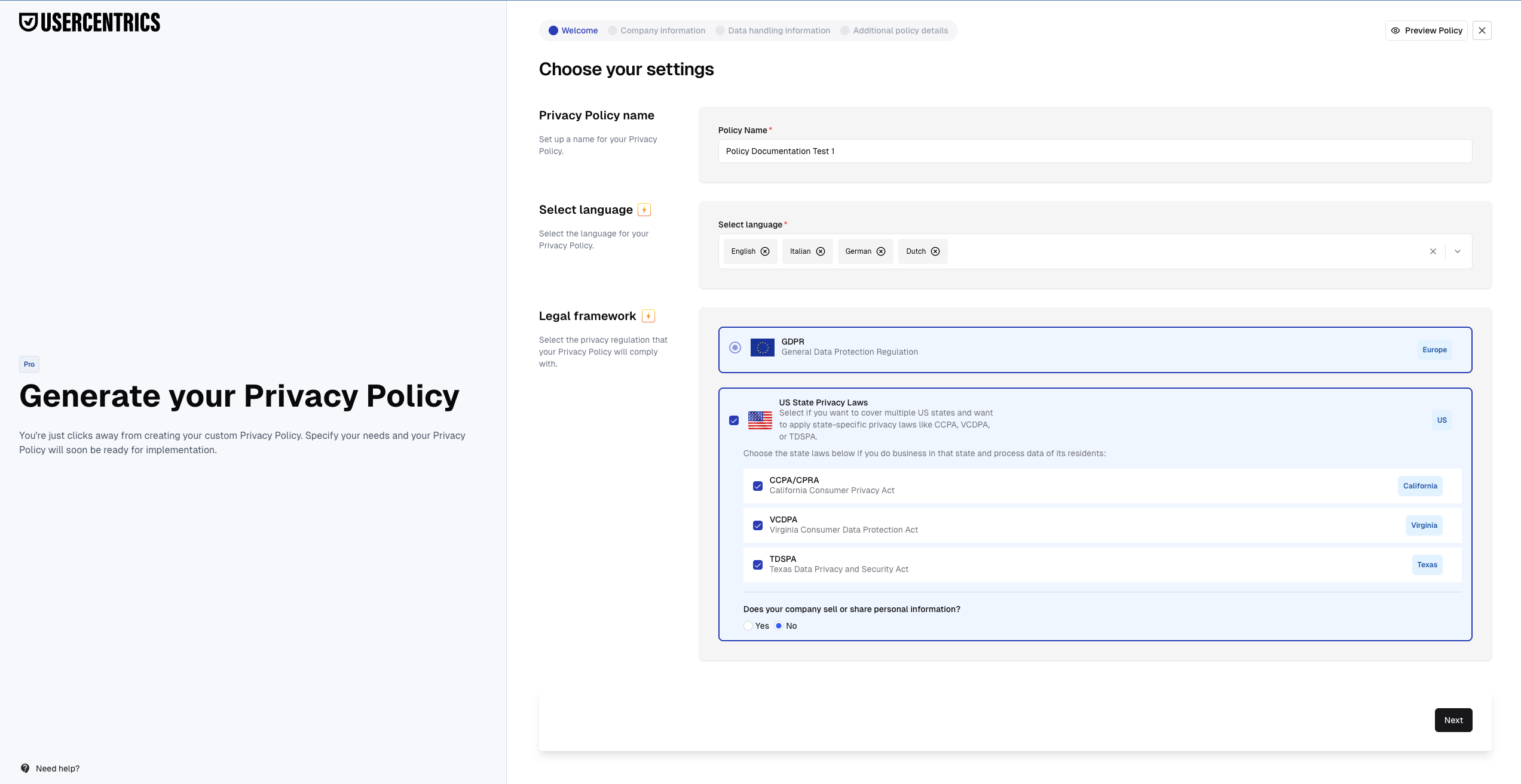 The Choose your settings page in Usercentrics' Privacy Policy Generator