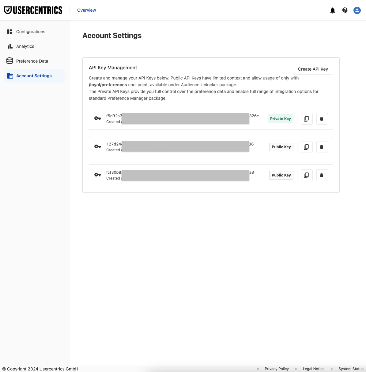 Section to manage your API keys