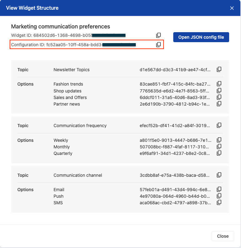 Widget structure view displaying identifiers of all key elements: Configuration, Widget, Topics, and Options