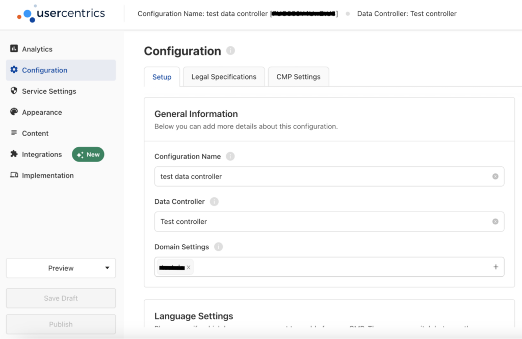 Configuration of Usercentrics CMP