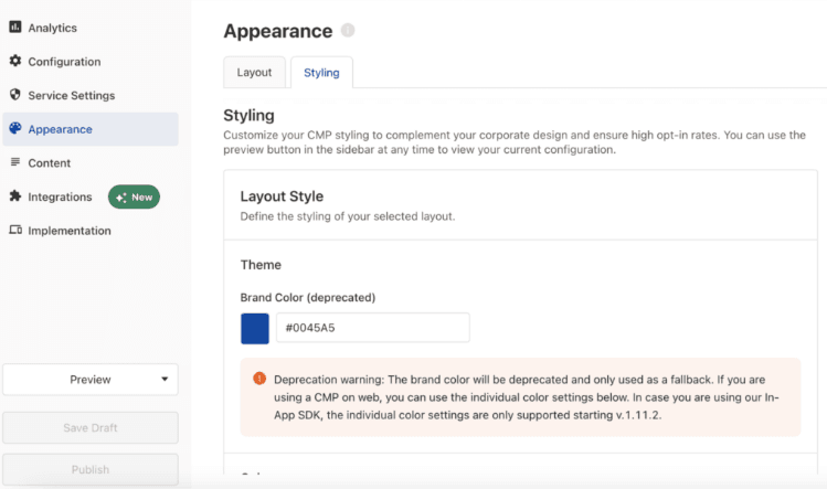 Appearance settings in Usercentrics CMP Admin interface