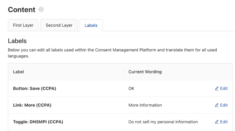 Content settings in Usercentrics CMP Admin interface