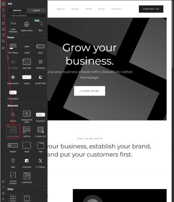 Screenshot presenting the section of the Webflow website where the Google Tag Manager snippet should be added