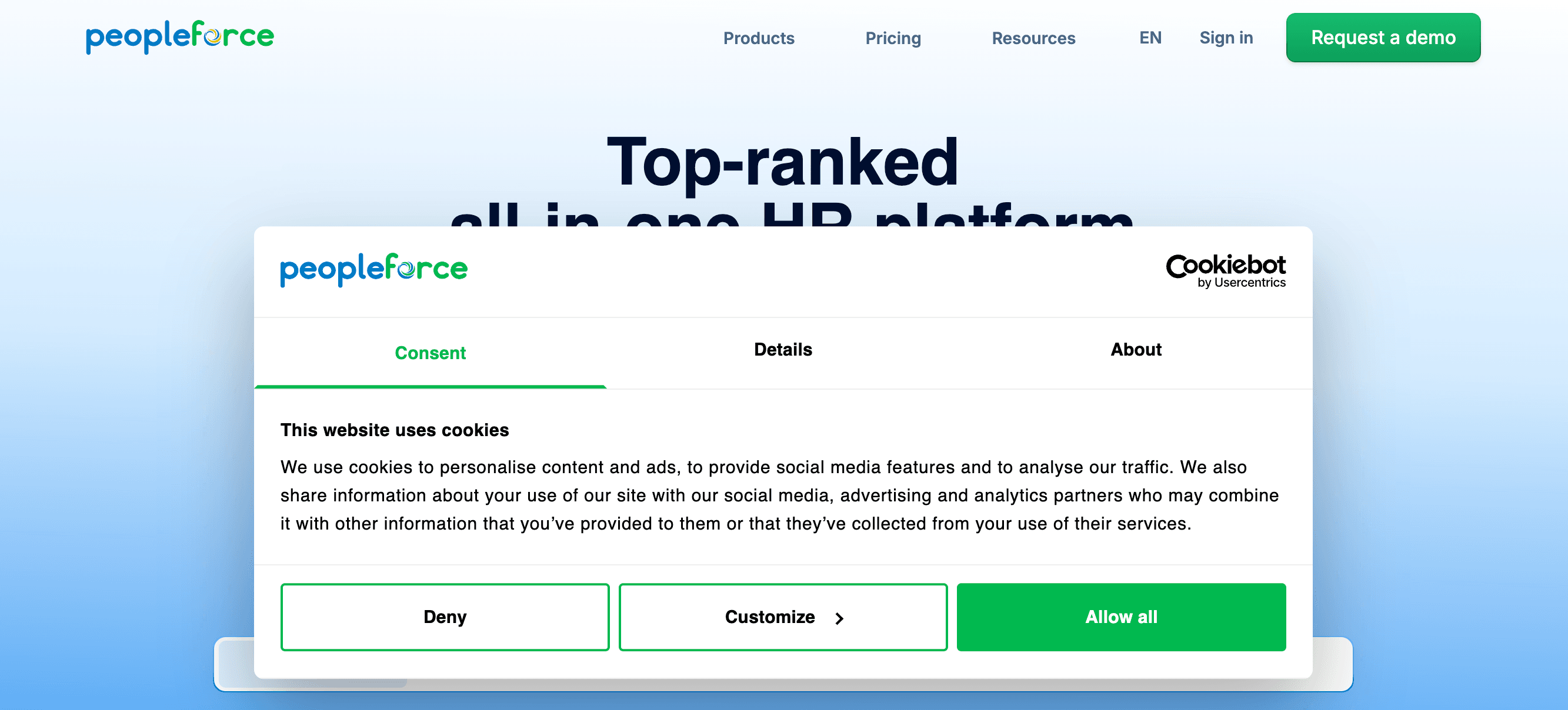 Screenshot of cookie banner from the website peopleforce